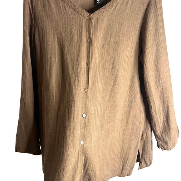 Eileen Fisher Brown Textured Striped Linen Button Top Large Lagen Lagenlook Boho - Picture 2 of 8